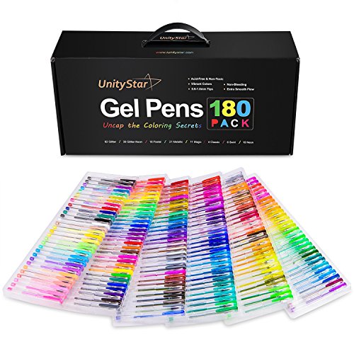 Gel Pens Set, UnityStar 180 Assorted Unique Colors (No Duplicate) Adult Coloring Gel Pens with Metallic Neon Glitter Magic Colors & Gift Box for Painting Drawing Writing