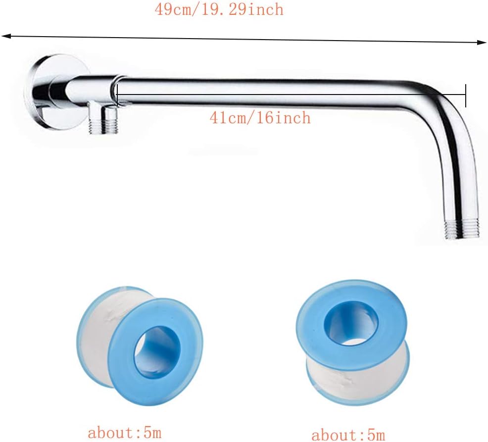 Shower Arm Accessories,CHENKEE 41 cm Stainless Steel Shower Head Arm Bathroom Extension Tube Copper Holder Silver Polished Chrome Head Extension Rod With 2 roll PTFE Seal Tape for Rainfall Shower Head - Image 3