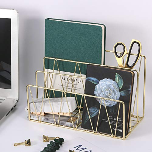 Simmer Stone Mail Sorter, 3 Slot Wire Letter Holder Rack, Decorative Desk File Organizer for Bill, Postcard, Brochure, Magazine and More, Gold - Thumbnail 4