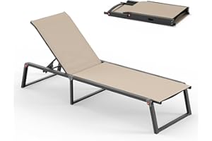 Oasbira Aluminum Chaise Lounge Chair Outdoor, Foldable & Assembly Free Patio Pool Lounge Chairs 5-Position Recliner for Outside Poolside, Fully Grounded Legs Sun Lounger for Beach, Yard, Khaki