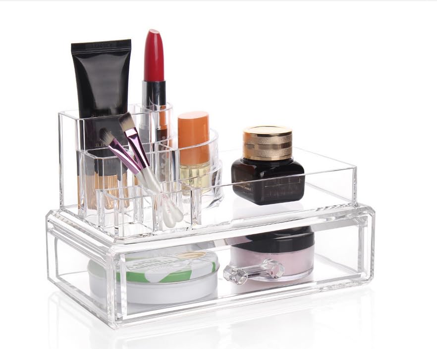 Kamay's Small Transparent Multifunction Detachable Combination Double-Deck Acrylic Make Up Organiser Cosmetic Box 8 Sections Lipstick Makeup Brush Tray Plus 1 Drawer(SF-1061)