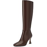 Dsevht Black Leather Knee High Boots for Women Stiletto Kitten Heeled Sexy Tall Boots Square Toe and Side Zipper Design Fashion Dress Boots