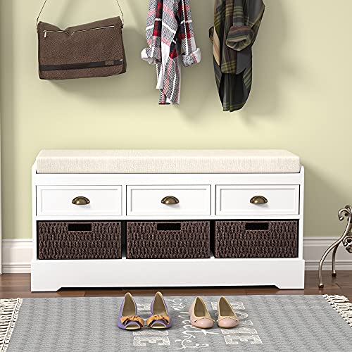 Knowlife Storage Bench Entryway Bench with Cushion, 3 Drawers and 3 Removable Baskets Shoe Bench