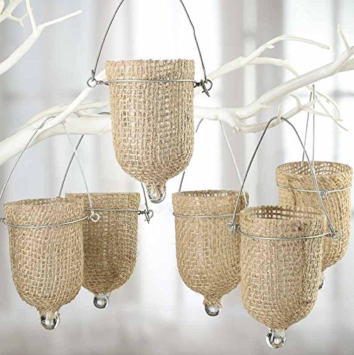 Group of 6 Hanging Natural Burlap Covered Glass Candle Holders Perfect for Weddings, Home Decor and Creating