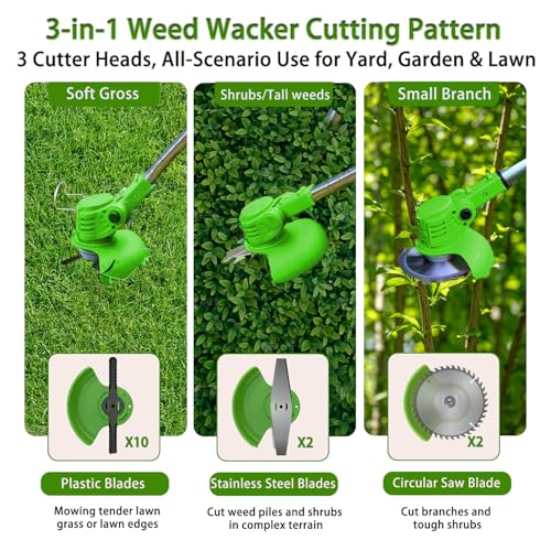Electric Weed Wacker Battery Powered,Cordless Weed Eater with Wheels | 3-in-1 Itoolmax Grass Trimmer & Stringless Brush Cutter with 3 Types Blades and 2 Pack 4.0 Ah Batteries for Yard Lawn
