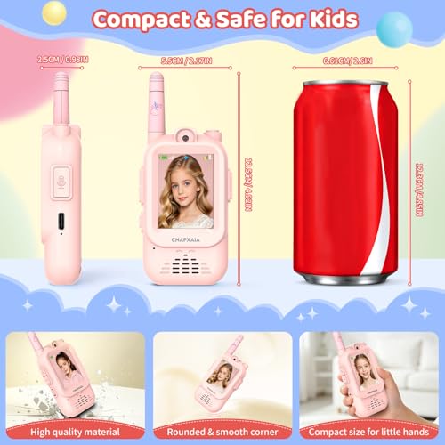 Kids Walkie Talkie with Camera and Real-Time Video, Interactive Toy for Children with Emojis, Sticker and Filters, Automatic Connection Without Internet, Gift for Girls 3-10 Year Old 2 Pack (Pink/Pink
