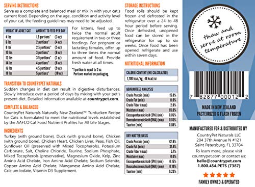 CountryPet Naturals Pasteurized Frozen Cat Food, 1.5 lbs, Turkey Duck and Chicken Recipe, 16 Rolls (24 lbs Total), Made in New Zealand