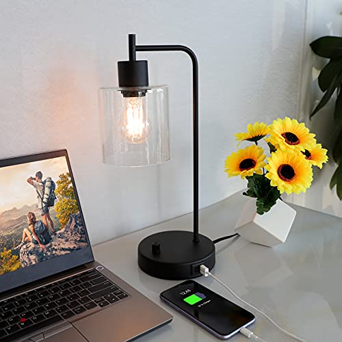 Set of 2 Industrial Table Lamps with 2 USB Charging Ports, Stepless