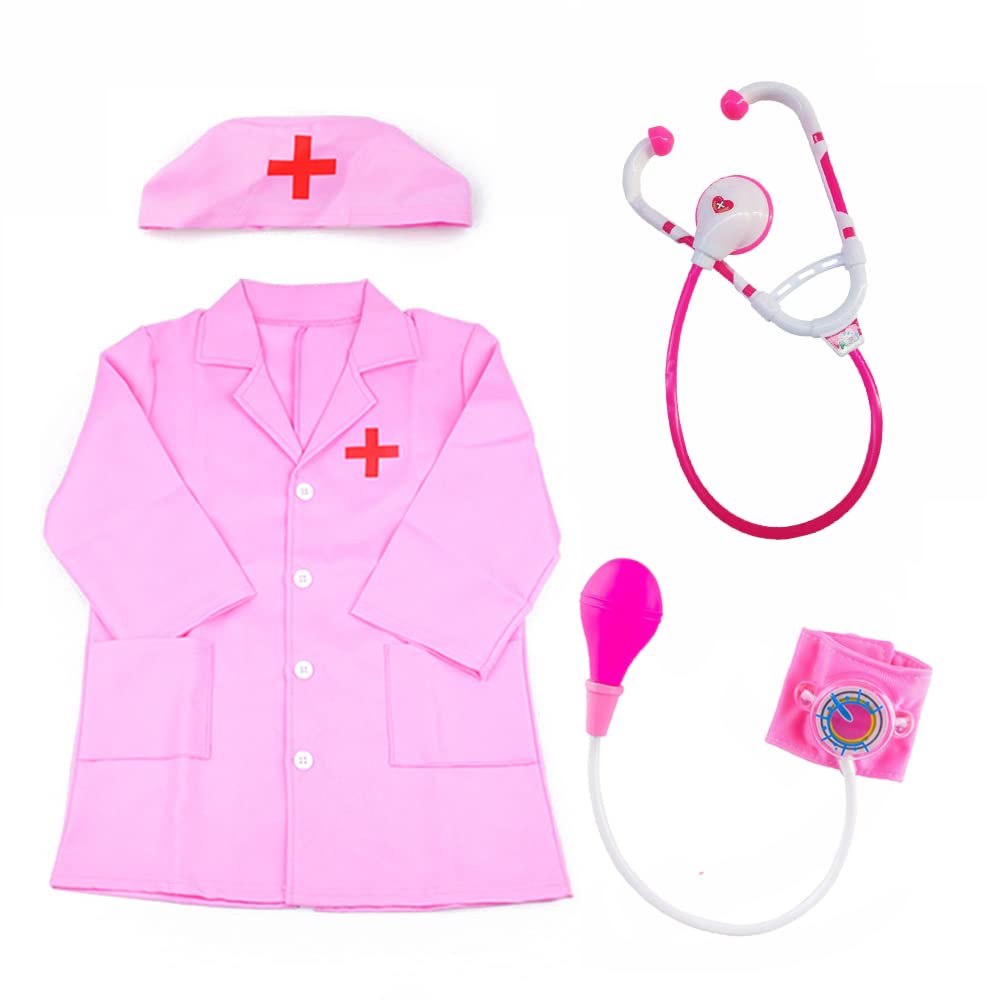 ZJstyle 4 Pcs Kids Doctor Costume Unisex Fancy Dress Set With Outfit, Stethoscope, Roleplay Costume for Pretend Role Play - Boys and Girls 3-6 Years (Pink)