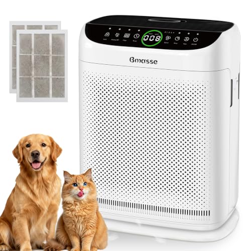 Bmasse Air Purifiers for Home Pets Large Room Up to 3000 Ft²,HEPA Air Cleaner with Washable Double-Side Filter, PM2.5 Air Quality Monitor,Remote Control,Sleep Mode for Bedroom Odor Dust Pollen,White