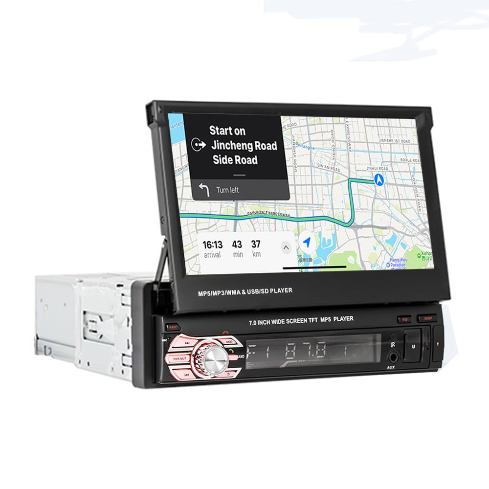 VIGORTHERIVE Single Din Car Stereo Android 8.1, 7 inch Retractable Screen Car Audio with WiFi GPS Navigation Mirror Link Bluetooth FM Radio SWC