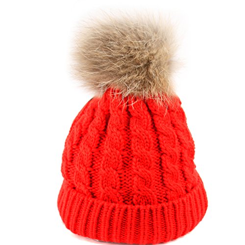 Womens Girls Knitted Fur Hat Real Large Raccoon Fur Pom Pom Beanie Hats,BN2354/RED,One Size