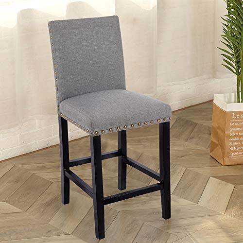 GOTMINSI Bar Stools with Nailheads, 24" Upholstered Bar Stools,Counter Height Bar Chairs with Solid Wood Legs, Set of 2 (Grey)