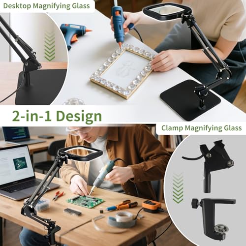 GABORISH Table Magnifier with Light and Stand, Rectangular Magnifying Lamp with 60 LEDs, 5 Colour Modes and Dimmable, Hands-Free Standing Magnifier with Light, 2-in-1 Magnifying Lamp with Clamp and Base for Reading Closework