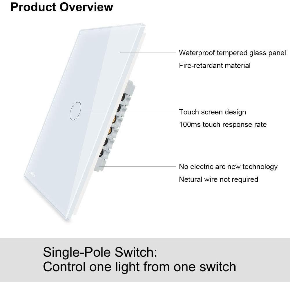 LIVOLO Light Switch((No Neutral)), Tempered Glass Panel Touch Light Switch with Indicator Light, Modern Wall Touch Switch, 1 Gang 1 Way, White, Single Pole Switches, 5 Pack, C501-11-5P - - 