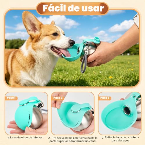 LTFIOON Portable Dog Drinker, 285ml Stainless Steel Dog Water Bottle, Anti-Leak Bottle with Foldable Silicone Bowl, Portable Water Bottle for Walking, Traveling and Camping