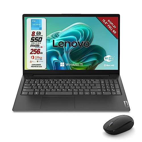 Lenovo, Pc portatile notebook con suite office, display FHD da 15,6", cpu intel N4500, ram 8Gb, ssd 256Gb, win 11 pro, computer portatile con mouse wireless