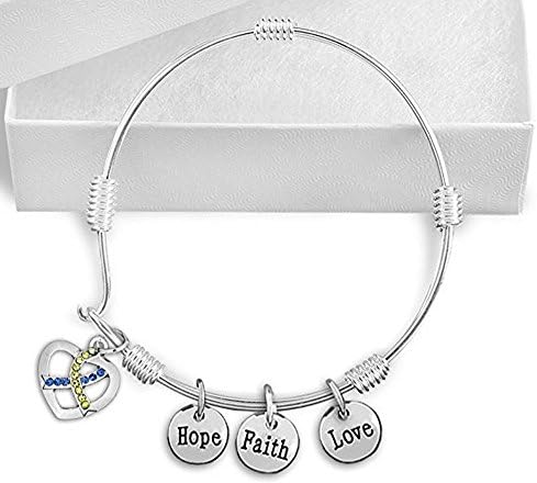 Down Syndrome Awareness Blue and Yellow Crystal Heart Charm Bracelet