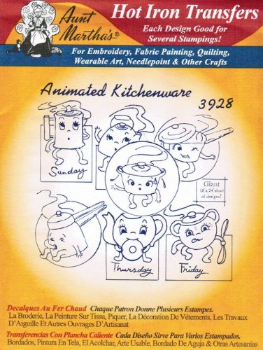 Animated Kitchenware Aunt Martha's Hot Iron Embroidery Transfer