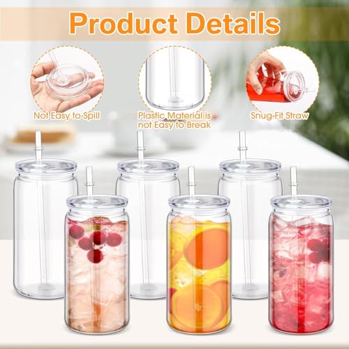 Mason Jars with Lids and Straws, 16oz Clear PC Plastic Drinking Tumblers, 6 Pack Reusable Cups for Iced Coffee Water Juice Milk Wedding Party Kitchen Table top Beverage Drinkware