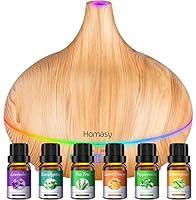 Homasy 500ml Aromatherapy Oil Diffuser with 6Pcs*10ml Pure Essential Oil Gift Set, Large Capacity Essential Oil Diffuser...