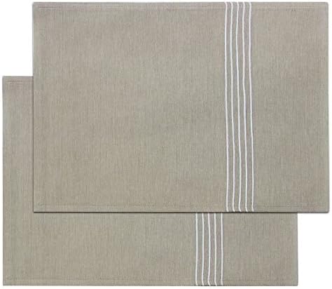 Aubina Oxford Stripe Placemats, Set of 6 Place Mats, 100% Cotton, Modern Table Linen, Embroidered Striped Fabric, Natural Table Settings, 33cm x 45cm, Linen, Beige