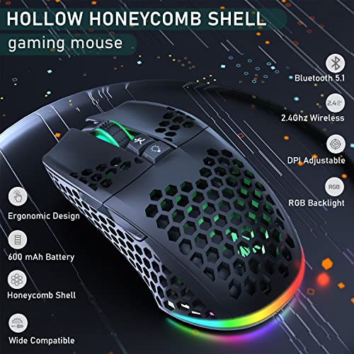 SOLAKAKA Lightweight Wireless Gaming Mouse Bluetooth with Shell, Side Buttons, RGB