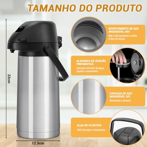Garrafa Térmica Inox com Ampola Aço, Garrafa Térmica Inox Café, Garrafa Termica Grande, 1900Ml, AçO InoxidáVel 304, Base Rotativa de 360 ° Para SaíDa de áGua Mais FlexíVel