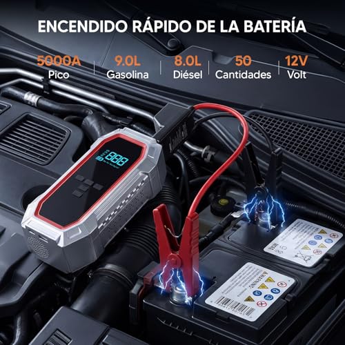 5000A Arrancador de Coche con Compresor de Aire 160 PSI, Inflador de Neumáticos, Banco de Energía para Vehículos de 12V Gasolina 9L Diésel 8L, Incluye Pantalla LCD, Luz LED y Cables de Puente, plata