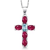 Gem Stone King 925 Sterling Silver Red Ruby and Blue Zircon Cross Pendant Necklace for Women | 3.65 Cttw | Gemstone July Birthstone | Oval 6X4MM | With 18 Inch Chain
