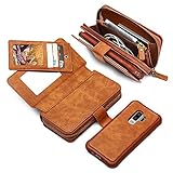 Galaxy S9 Plus Case,JGOO 2 in 1 PU Leather Huge Capacity 10 Card Slots Detachable Wallet Case,[Hidden Mirror & Zip Bag] Magnetic Separable TPU Back Cover for Samsung Galaxy S9 Plus,Brown