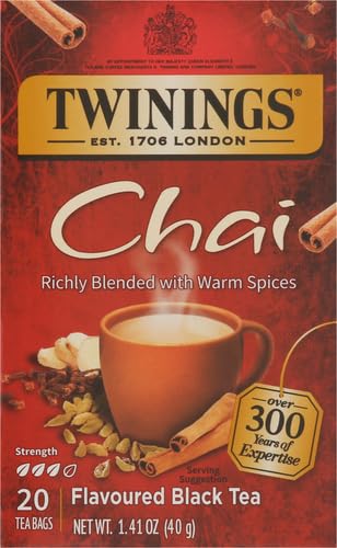 TWININGS CHAI BLACK TEA INDIVIDUALLY WRAPPED BAGS, 20 COUNT (PACK OF 1), SWEET, SAVOURY SPICES, CAFFEINATED, ENJOY HOT OR ICED, 20 TEABAGS