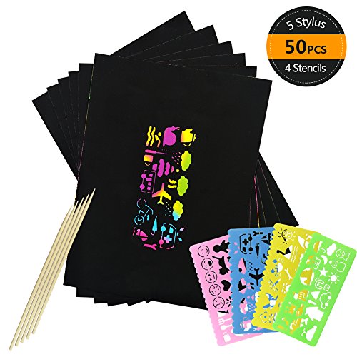 image for HANGNUO 50 Pack Rainbow Scratch Art Paper with 5 Bamboo Stylus and 4 C