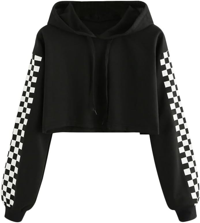 VERYCOWomen Crop Top Hoodie Casual Loose Hooded Plaid Long Sleeve Pullover Sweatshirt