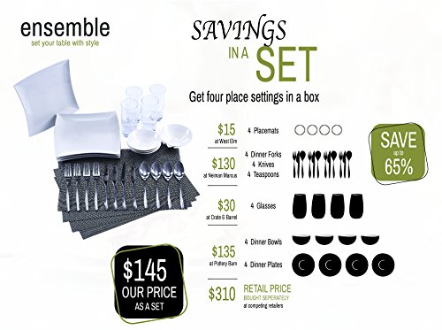 The Kyoto Collection by Ensemble - Designer Curated Place Setting for 4 (Dinnerware, Glassware, Flatware and Placemats)