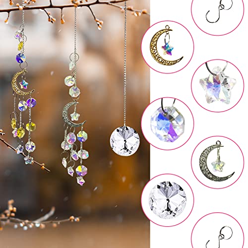 3 PCS Crystal Sun Catchers -13 Inch Hanging Suncatcher with Chain , Star Moon Crystals Prisms Pendant Light Catchers Beads,for Window Home Garden Christmas Day Party Wedding Decoration