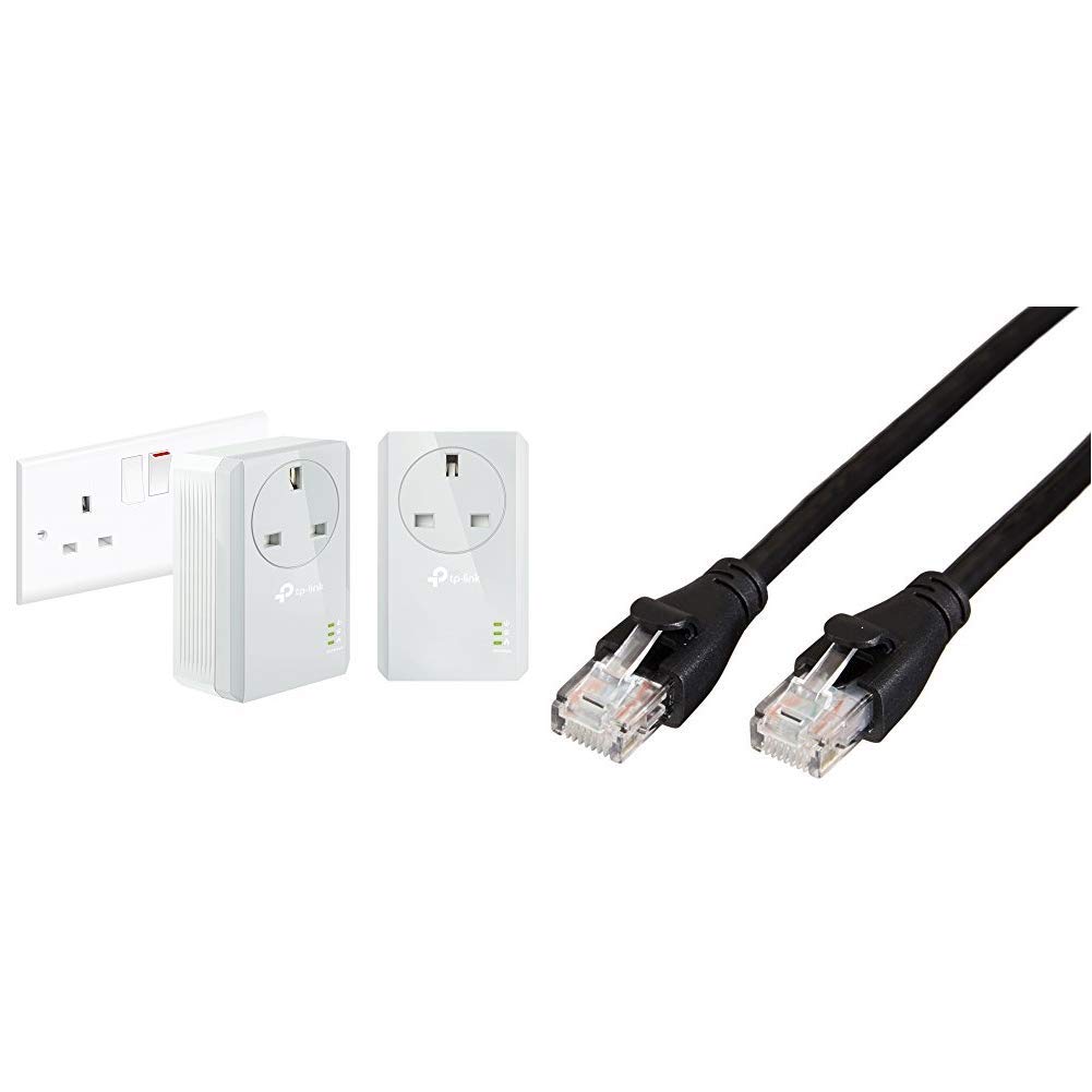 TP-Link TL-PA4010PKIT Passthrough Powerline Adapter Starter Kit, No Configuration Required, UK Plug, Pack of 2 & Amazon Basics RJ45 CAT6 Ethernet LAN Patch Cable (1.5 m / 5 Feet) [1,000 Mbps (1 Gbps)]