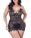 Lalagen Women's Lace Sheer Strappy Deep V Neck Sexy Plus Size Lingerie Set Black 3XL
