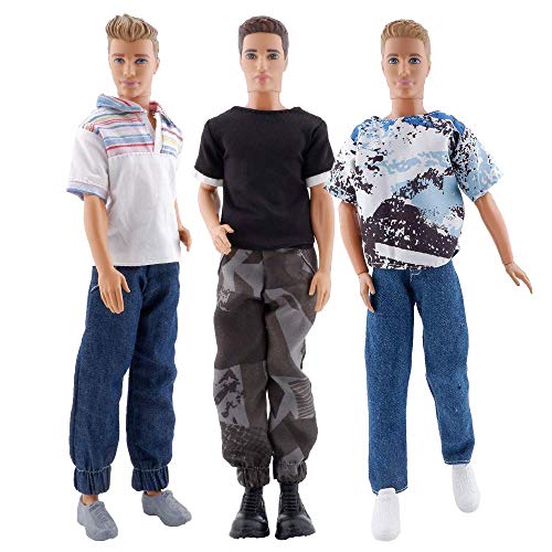 E-TING 3 Sets Doll Casual Wear Clothes Overalls Jacket Pants Outfits with 3 Pair Shoes for 12 Inches boy Dolls