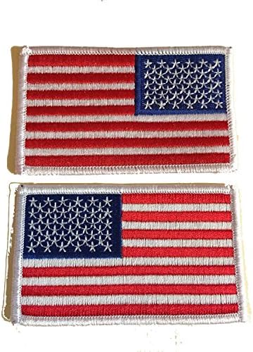Tactical Iron On Regular and Reverse American Flag Bundle Lot of 2 Pieces Embroidered Patch USA White Borders Uniform Appliqué Emblem