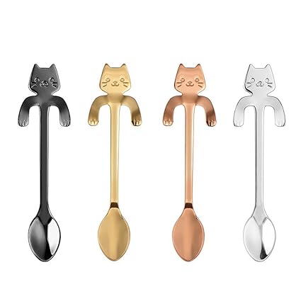 AYOMI 4 cucharitas de acero inoxidable, diseño de gatos, ideales para
