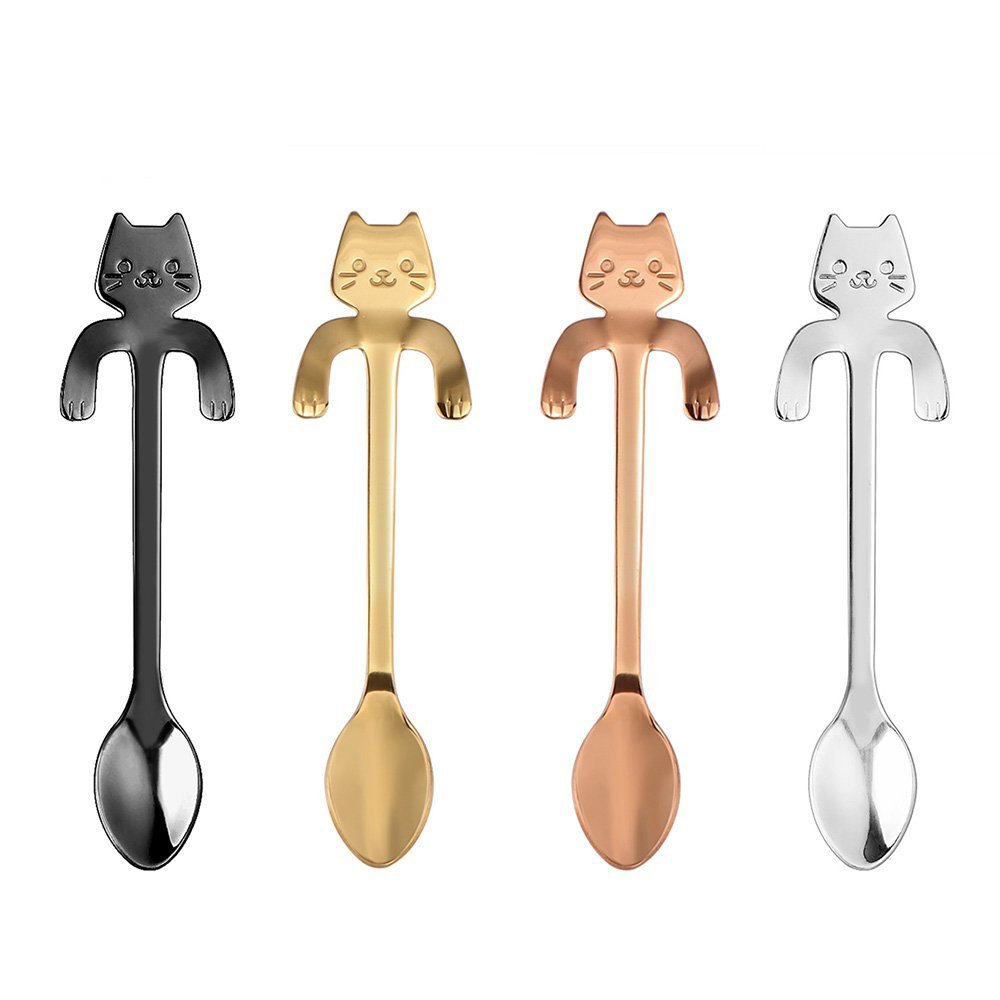 AYOMI 4PCS Stainless Steel Cat Kitten Design Stainless Steel Coffee/Dessert/Drink/Mixing/Milkshake Spoon Tableware Flatware Gadgets Scoop Ladle Spoons