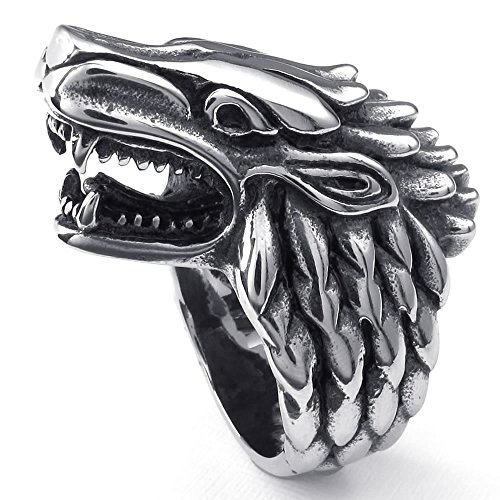 KONOV Mens Stainless Steel Ring, Gothic Wolf, Black Silver, Size 15