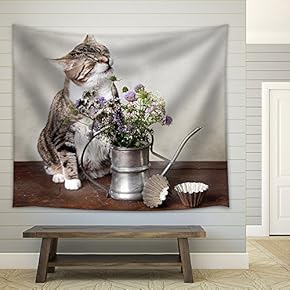 Cat with Flowers in Old Decorative Watering Can - Fabric Wall Tapestry Home Decor - 51x60 inches