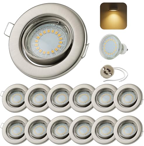 Sweet Led Einbaustrahler 230V 12er Set – mit 5W LED (3000K Warmweiß & GU10 Fassung) – schwenkbar Ø68mm – Chrom gebürstet – Komplettset mit Leuchtmitte