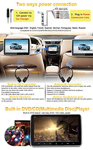 NOAUKA Refined Version 10.1" Car Headrest Video Player Portable Digital HD TFT LCD Headrest DVD Player Car Multimedia Wide Screen Display Player Headrest Monitor with HDMI and Remote Control