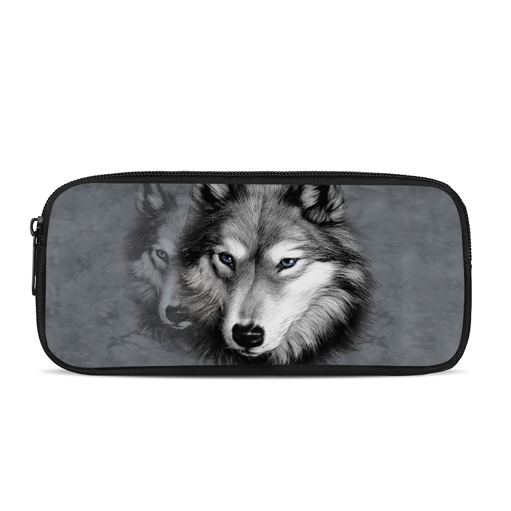 NETILGEN Pencil Cases Boys Wolf Animal Cool Big Pen Case Wolves Stationary Bag Coin Purse for School Kids Children Grey