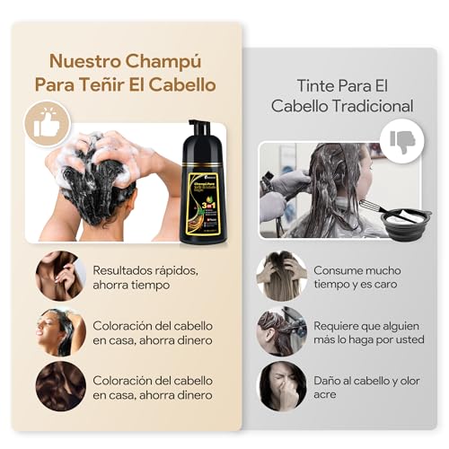 Black Hair Dye Shampoo 3 in 1, Shampoo para Canas con Tinte, Champú para Teñir el Cabello Negro, Champú Tinte Cubre Canas para Mujer y Hombres (500ML)