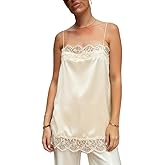 Satin Lace Long Tank Tops for Women Square Neck Silk Camisole Tops Spaghetti Strap Lace Trim Cami Tunic Undershirts