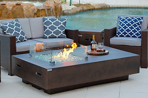 AKOYA Outdoor Essentials 65" Rectangular Modern Concrete Fire Pit Table w/Glass Guard and Crystals in Brown (65" Brown, High Desert)